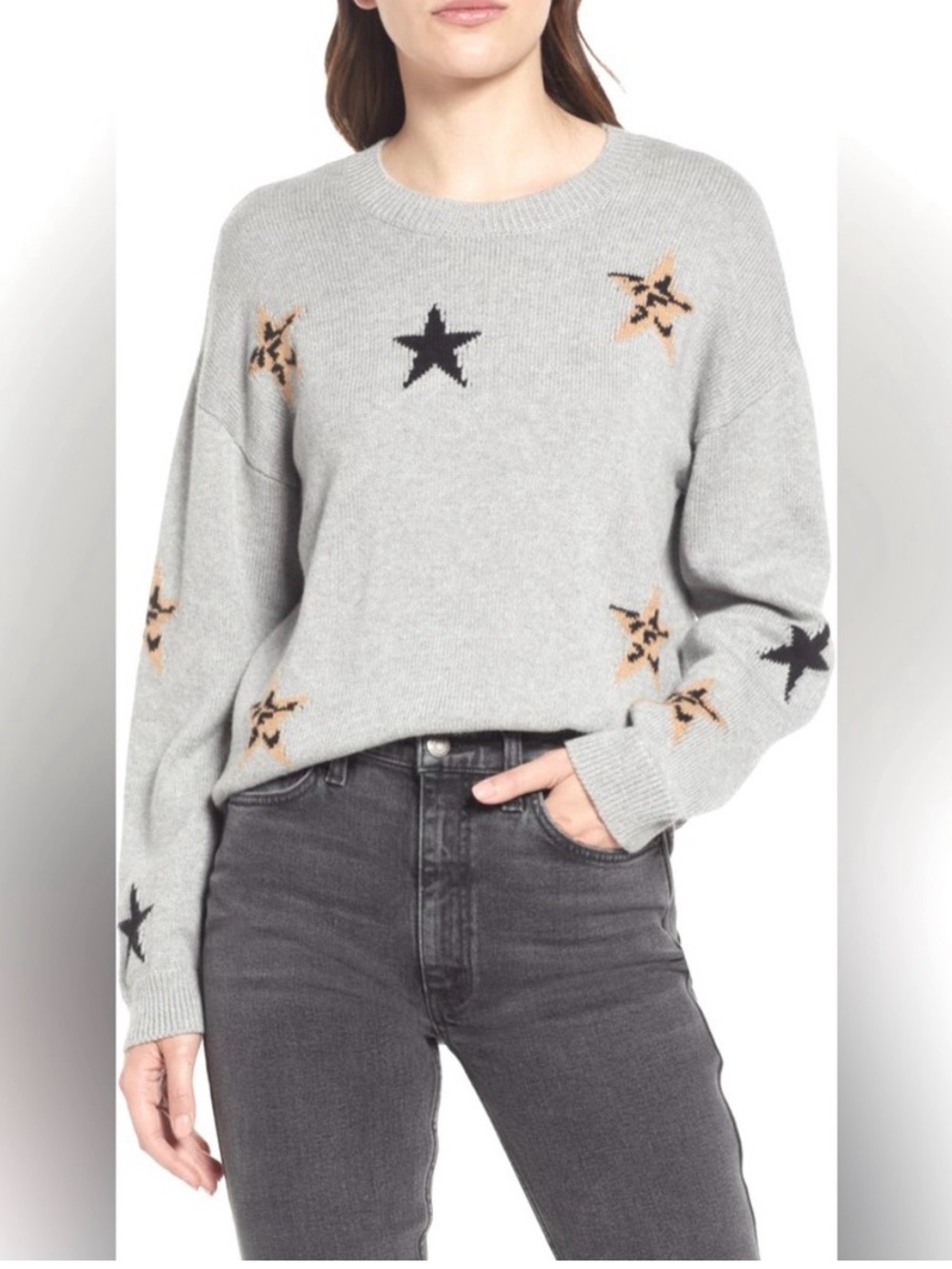 Rails Gray Star Crewneck Sweater with Black and Tan Stars